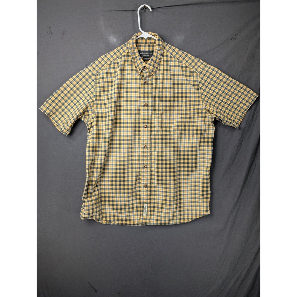 Eddie Bauer Mens Large Yellow Blue‎ Plaid Short Sleeve Button Down Shirt